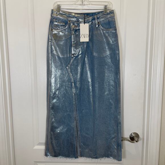 Zara Metallic Denim Skirt Coated Silver Maxi Asymmetric w/ Slit Futuristic NWT S - Picture 4 of 10